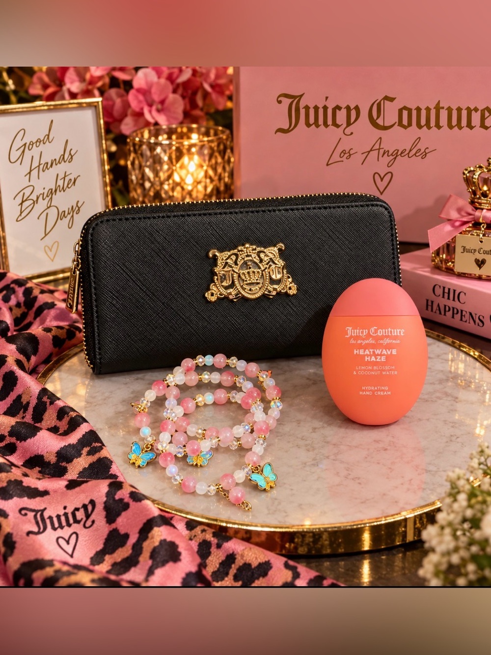 Juicy Couture Black Zip Wallet with Gold Crest Bundle